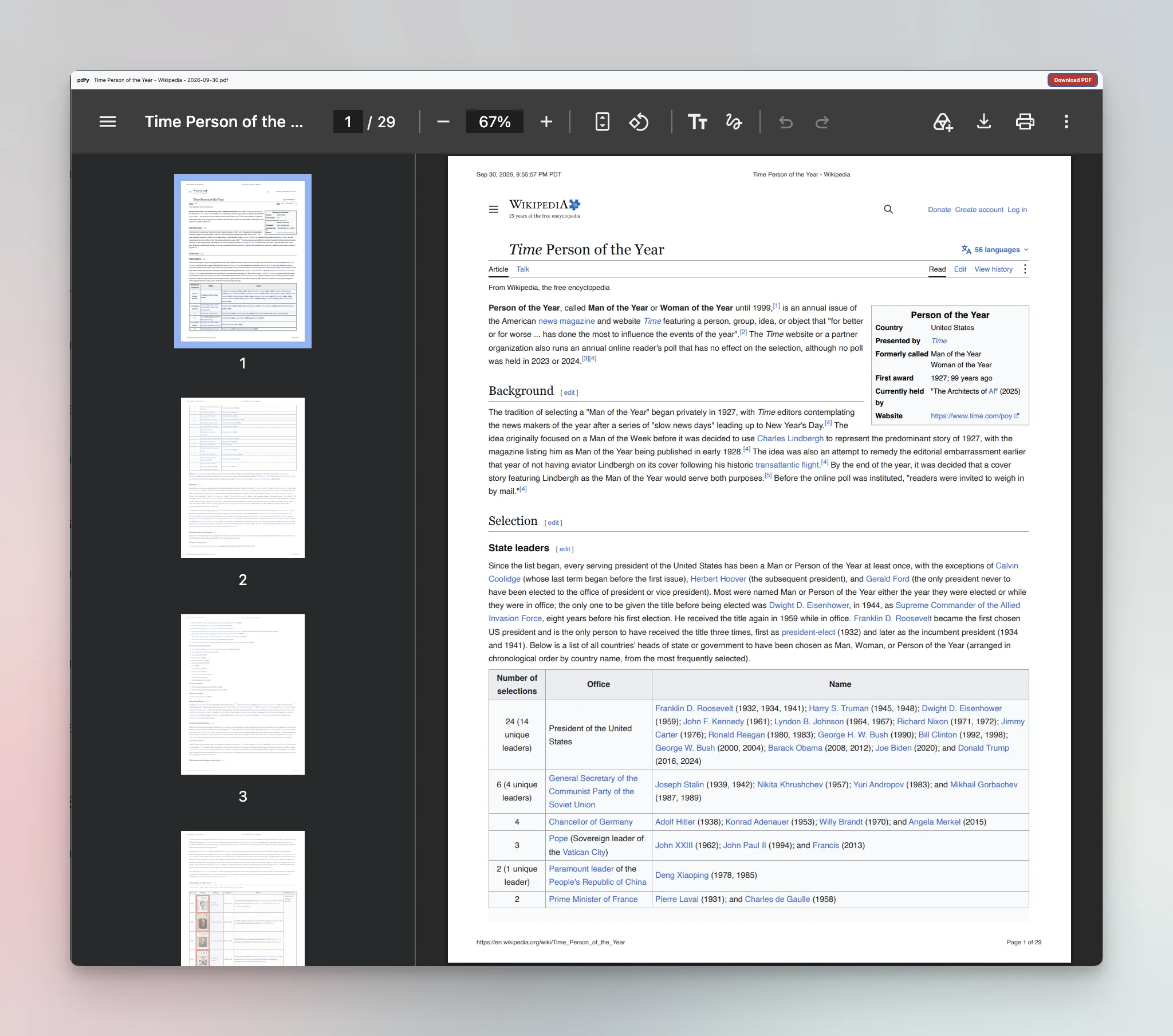 A Wikipedia article saved by pdfy, open in Chrome's PDF viewer: 29 pages with the capture date and title in the header, and the full URL and page number in the footer