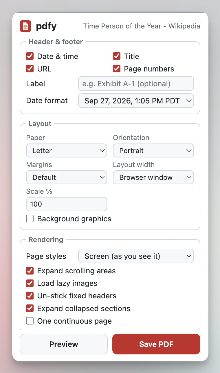 The pdfy popup with header and footer, layout and rendering options, and Preview and Save PDF buttons
